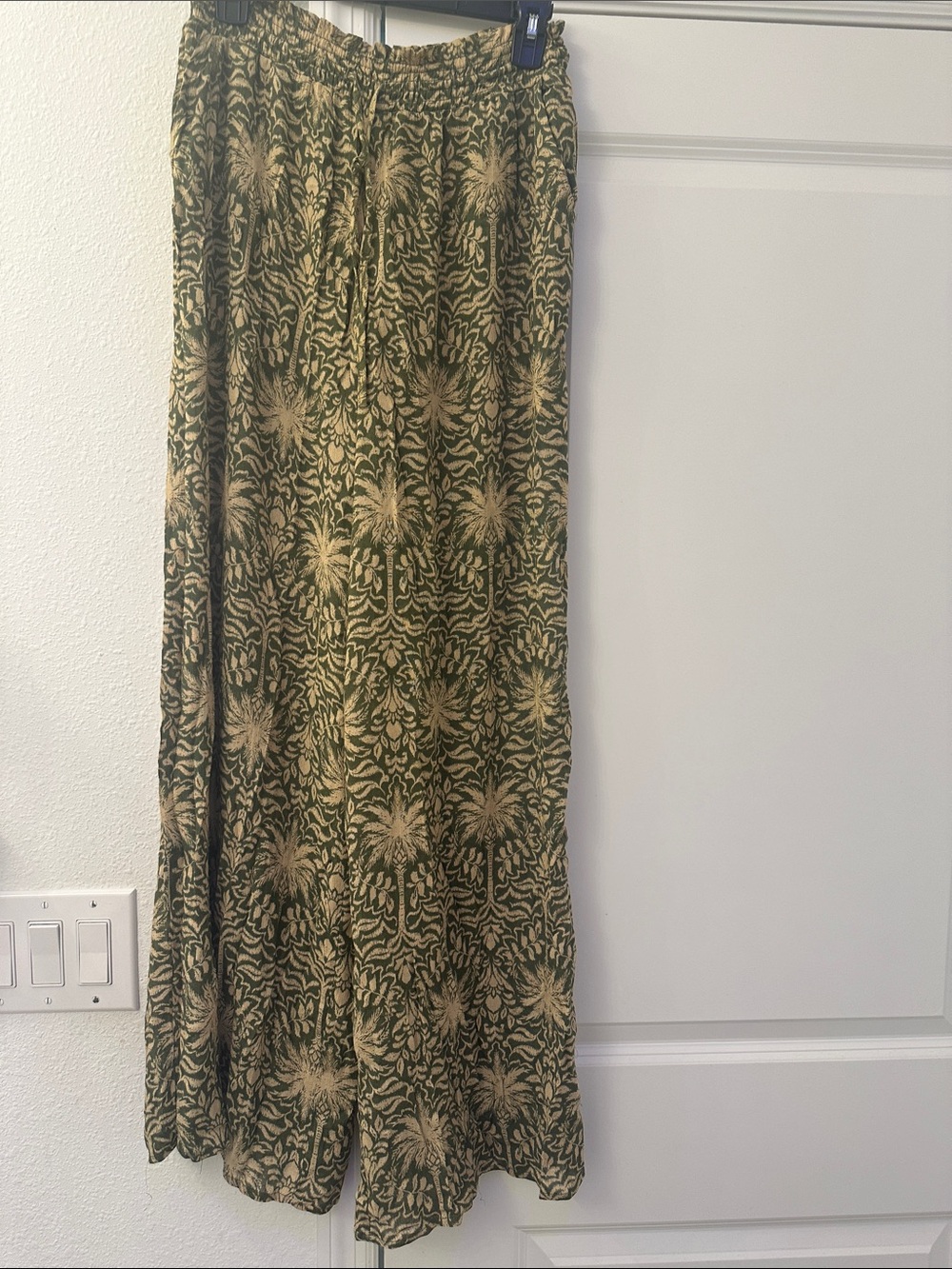 Wide Leg Printed Palazzo Pants in Olive and Beige